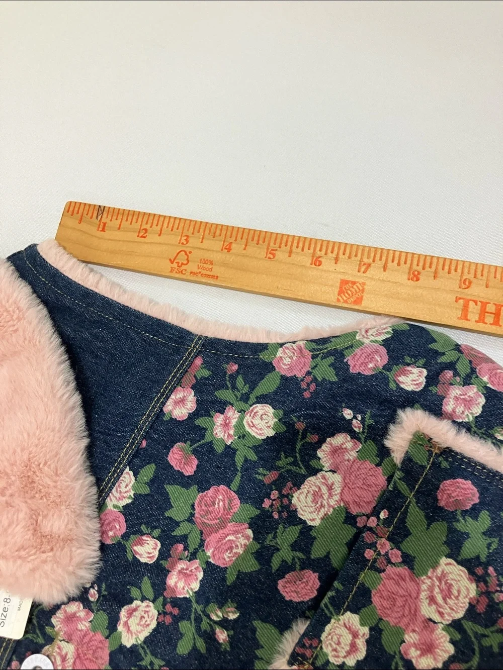 Girls Floral Denim Vest with Pink Faux-Fur Trim